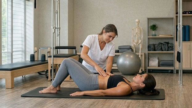 activación del core en pilates terapéutico con supervisión de fisioterapeuta para dolor de espalda
