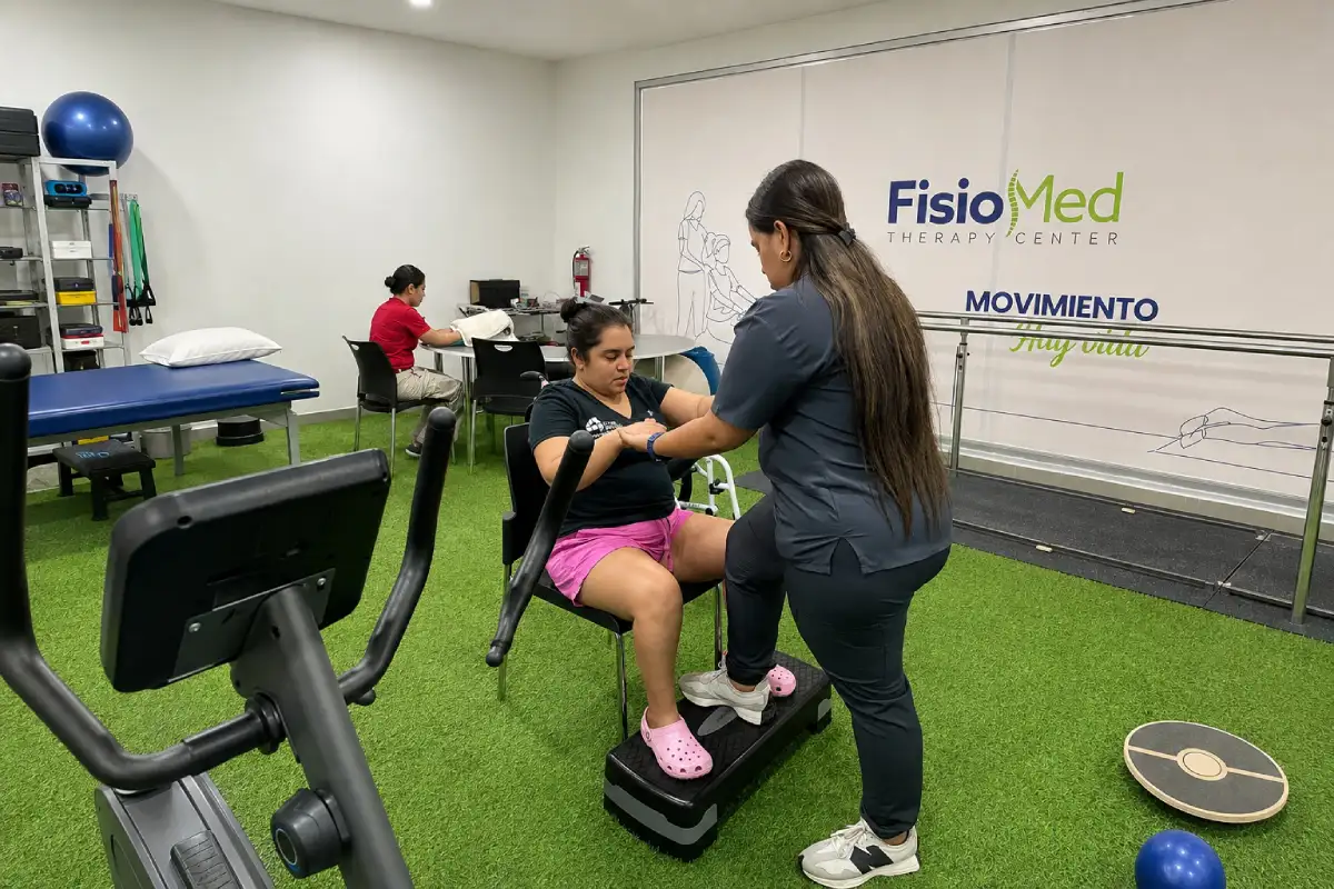Fisioterapeuta apoyando a una paciente durante un ejercicio de levantarse desde una silla