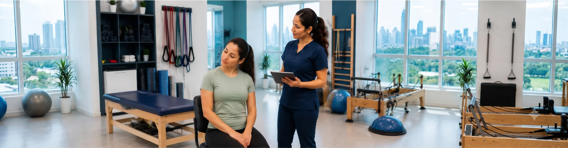 Fisioterapeuta evaluando la inclinación del cuello de una paciente sentada